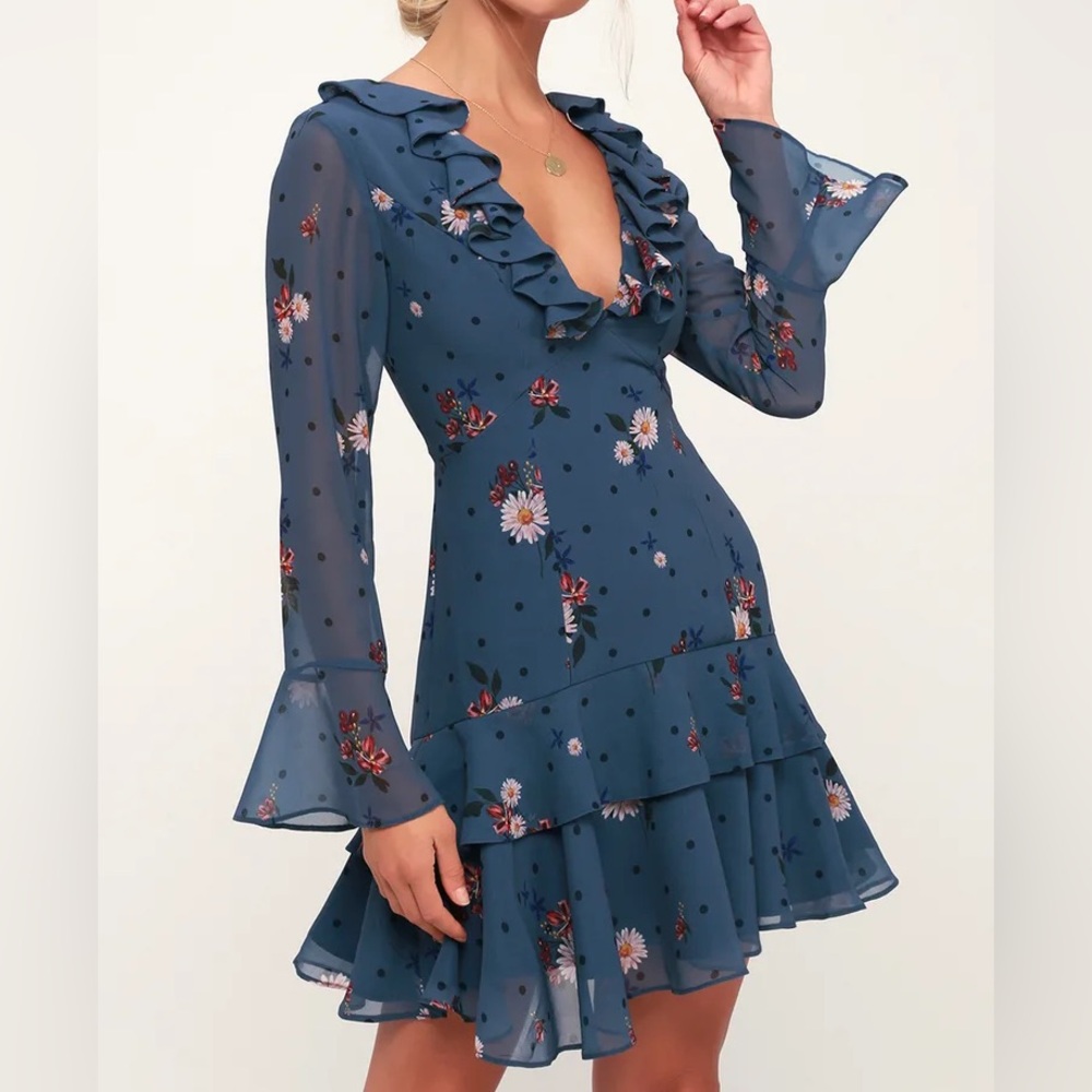 Run Free Dark Slate Blue Floral Print Ruffled Long Sleeve Dress XS midnight